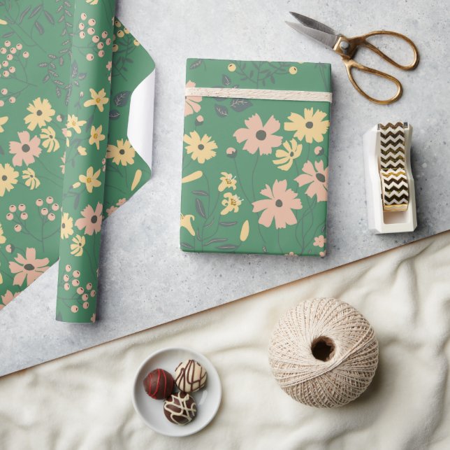 Moderne Boho-Grün-Blumenmuster Geschenkpapier (Kunsthandwerk)