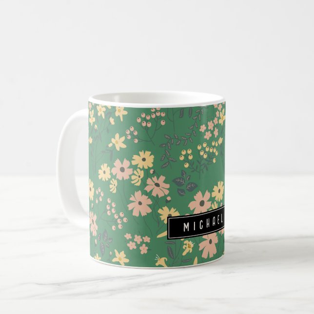 Moderne Boho-Grün-Blumenmuster Kaffeetasse (Vorderseite Links)