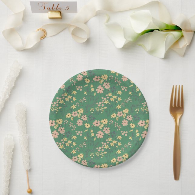 Moderne Boho-Grün-Blumenmuster Pappteller (Hochzeit)