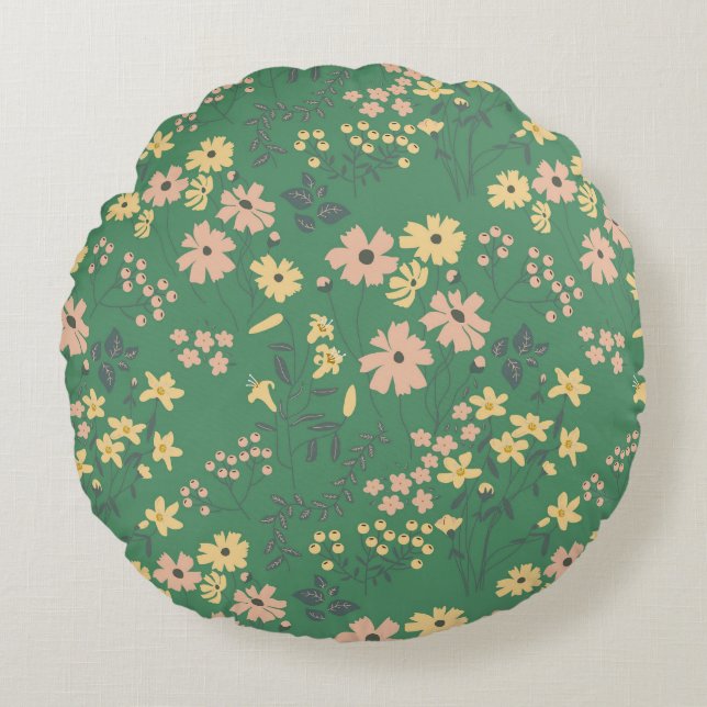 Moderne Boho-Grün-Blumenmuster Rundes Kissen (Vorderseite)