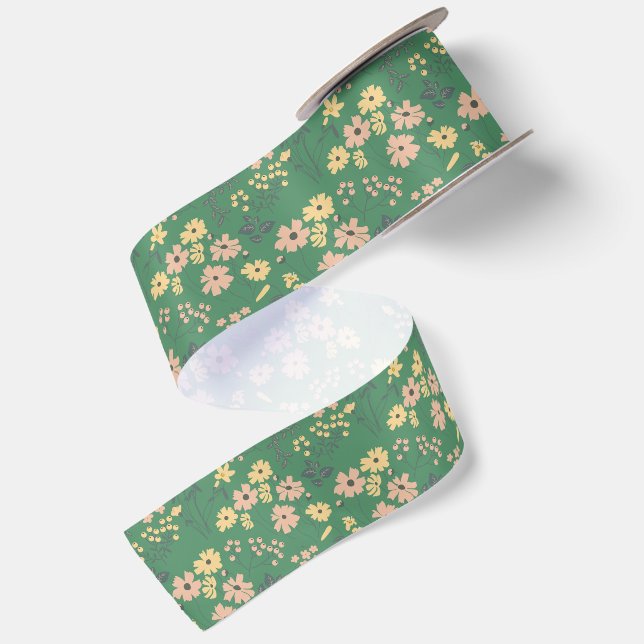 Moderne Boho-Grün-Blumenmuster Satinband (Rückseite)