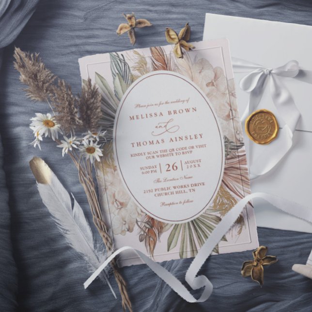 moderne boho grün pampas gras qr-code hochzeit einladung (Von Creator hochgeladen)