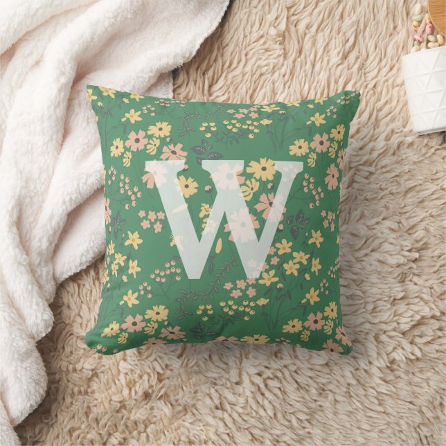 Moderne Boho-Grüne Florale Monogramm-Initiale Kissen (Decke)