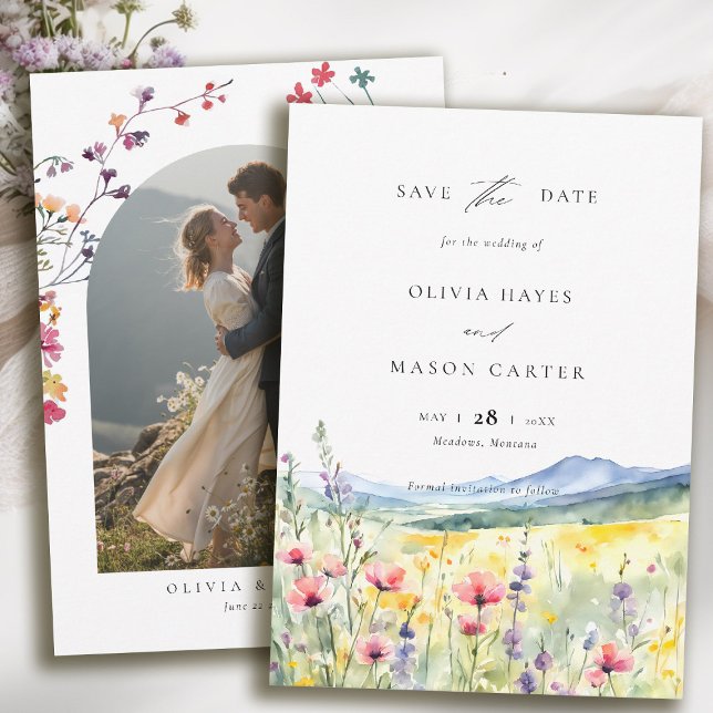Moderne Boho-Hochzeit auf der Bergwiese mit Wildbl Save The Date (mountain wedding save the date boho arch wildflowers meadow floral watercolor modern calligraphy)