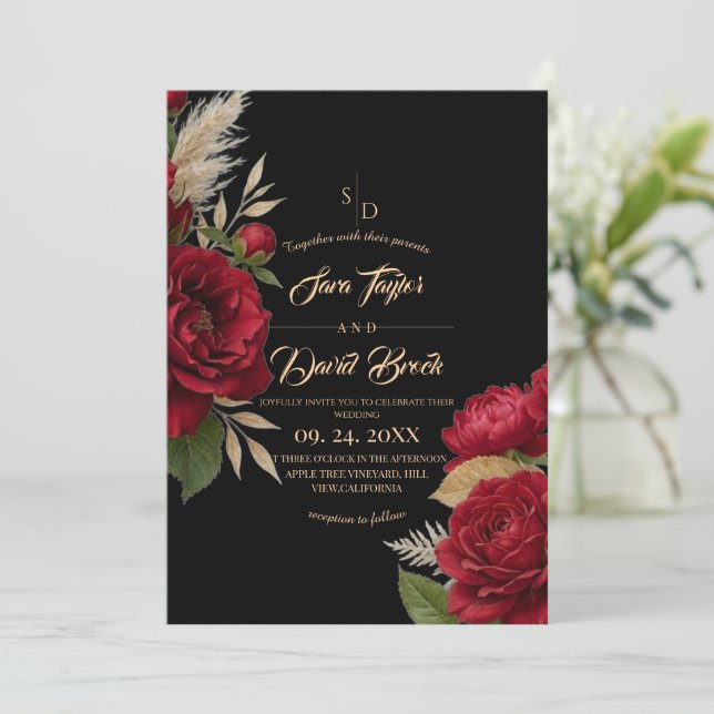 Moderne boho-Hochzeit mit Rosenflor Einladung (Stehend Vorderseite)