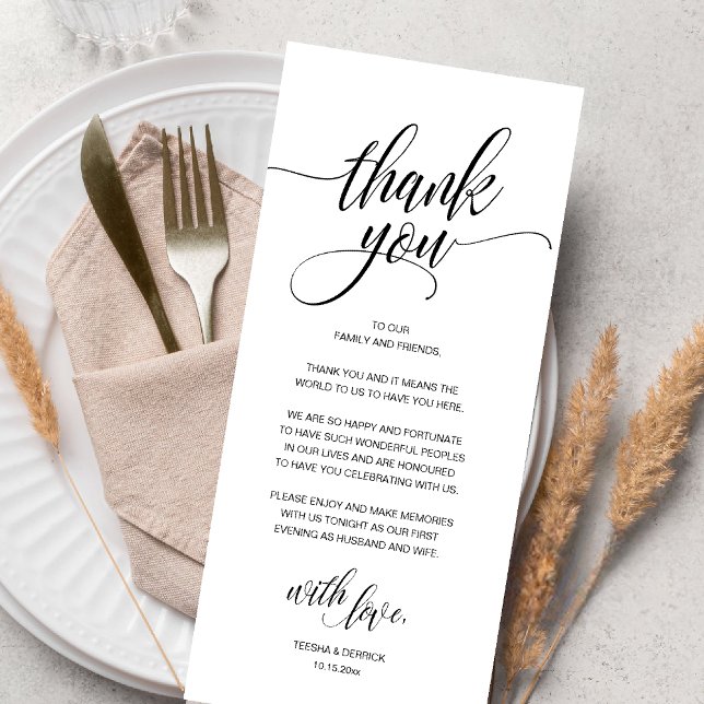 Moderne Boho Hochzeitsempfehlung Danke Karte (Modern Romantic Wedding Reception Dinner Thank You Card in Black and White)