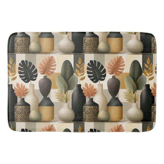 Moderne Boho-Keramikvasen und botanische Blätter Badematte (Vorderseite)