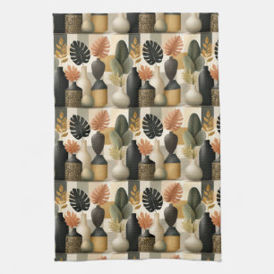 Moderne Boho-Keramikvasen und botanische Blätter Geschirrtuch