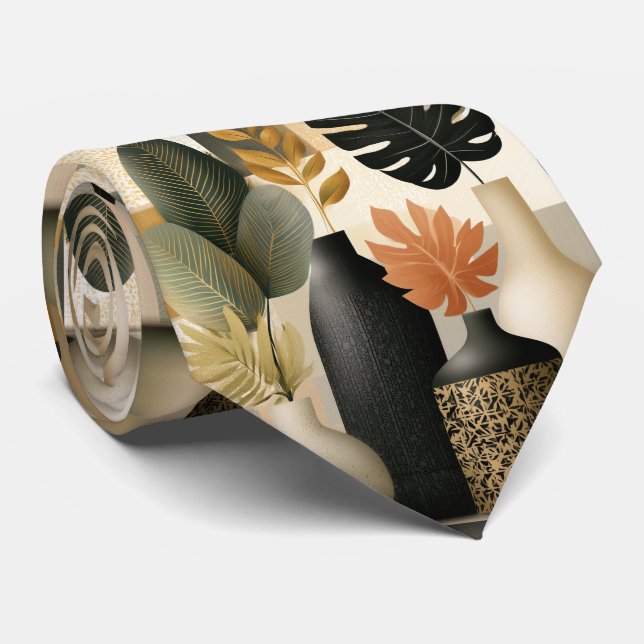 Moderne Boho-Keramikvasen und botanische Blätter Krawatte (Gerollt)