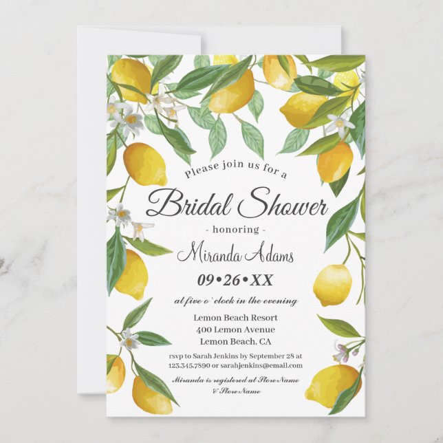 Moderne Boho Lemon Summer Bridal Dusche Einladung (Vorderseite)