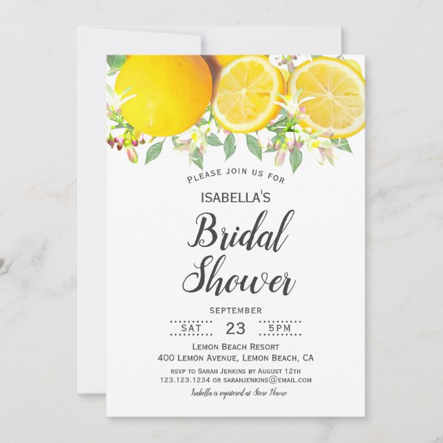 Moderne Boho Lemon Summer Bridal Dusche Einladung (Vorderseite)