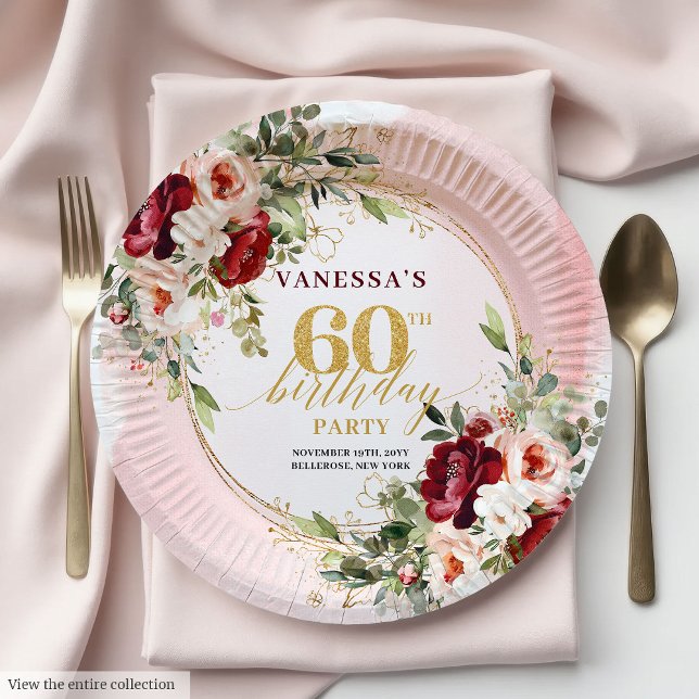 Moderne Boho-Malvenrosa-Gold Blumen-Papierteller Pappteller (Modern Boho Maroon Blush Gold Floral Paper Plates

)