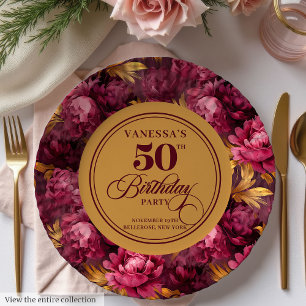 Moderne Boho-Marone-Rosa-Gold 50. Geburtstagsplatt Pappteller
