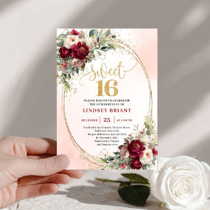 Moderne Boho Marsala Gold Floral Sweet Sixteen Einladung