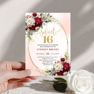 Moderne Boho Merlot Gold Floral Sweet Sixteen 16. Einladung