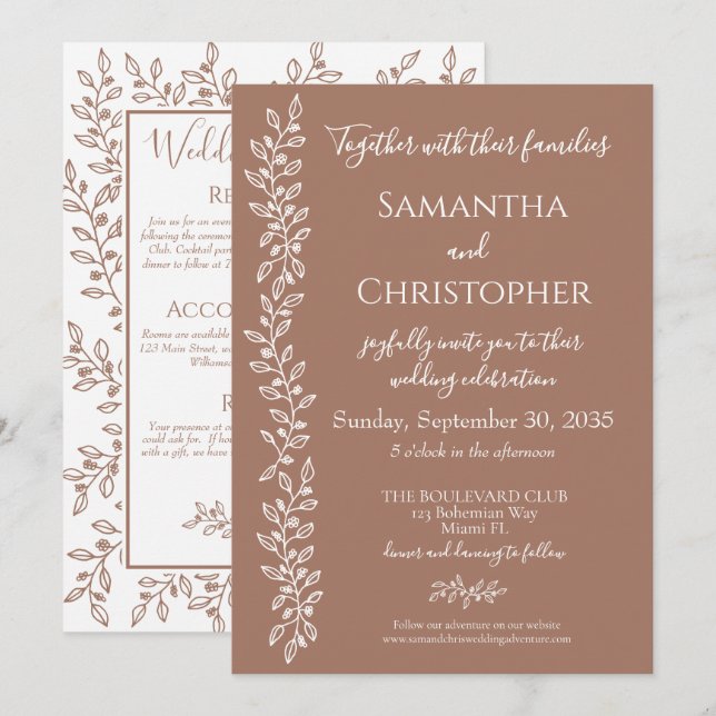 Moderne Boho Mocha Mousse Botanische Minimale Hoch Einladung (Vorne/Hinten)