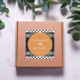 Moderne Boho Muster Black & Burnt Orange Wedding Quadratischer Aufkleber