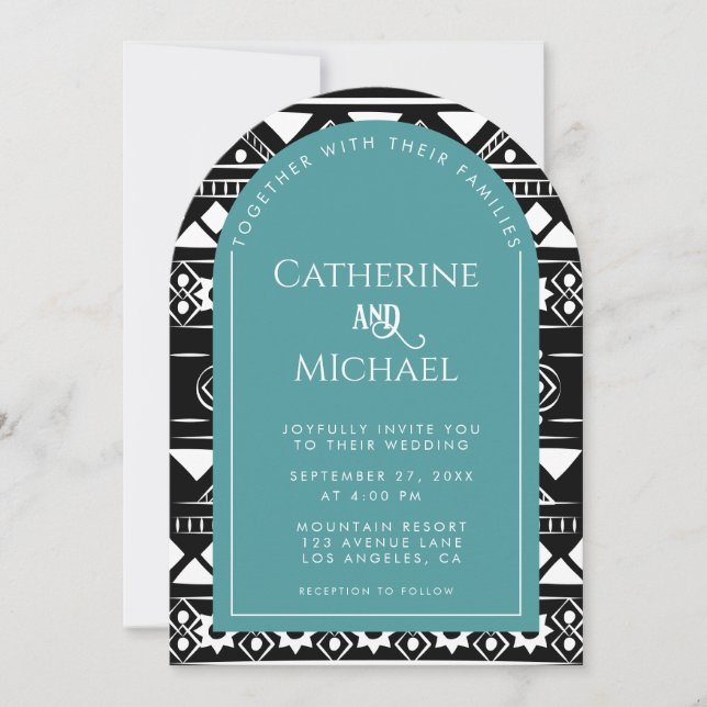 Moderne Boho Muster Foto Arch Green Wedding Einladung (Vorderseite)