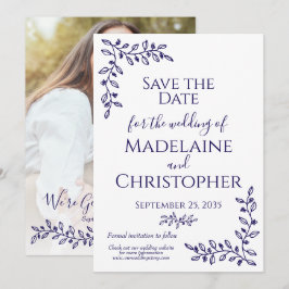 Moderne Boho Navy Blauer Botanischer Foto Hochzeit Save The Date