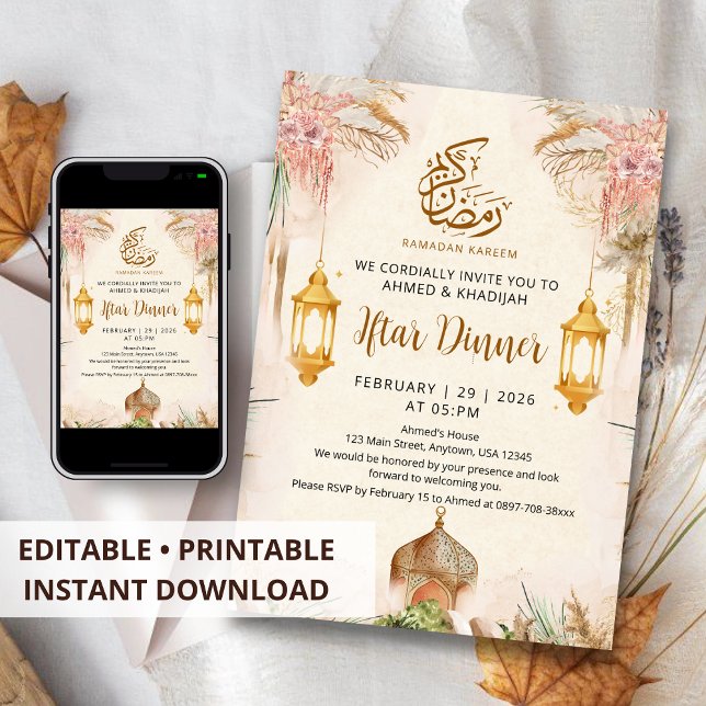 Moderne Boho Pampas und Goldlaterne Iftar-Dinner Einladung (Von Creator hochgeladen)