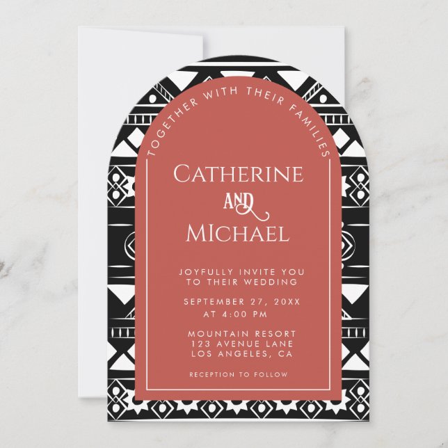 Moderne Boho Pattern Foto Arch Coral Wedding Einladung (Vorderseite)