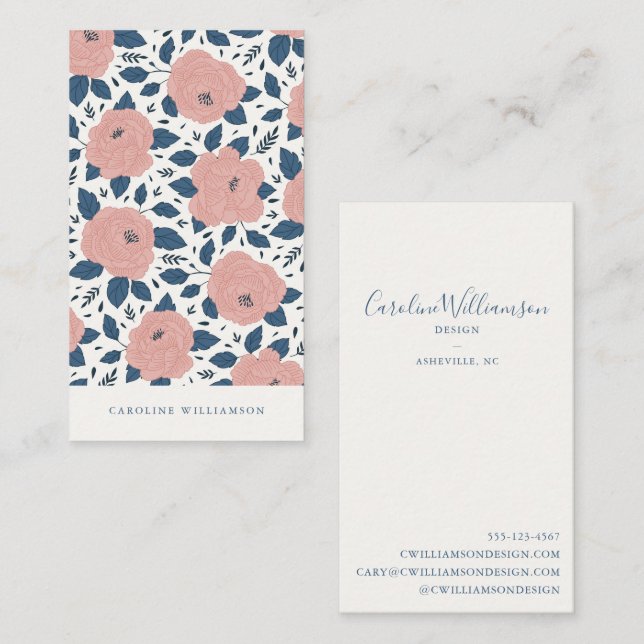 Moderne Boho Pink Navy Blue Botanische Blume Visitenkarte (Vorne/Hinten)