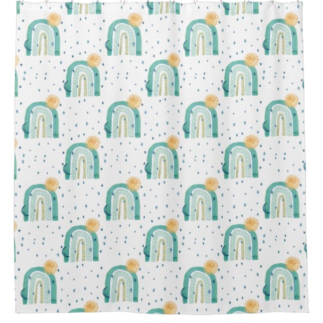 Moderne Boho Rainbow Aquamarin Blue Sun Moon Navy  Duschvorhang (Vorderseite)