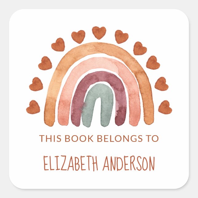  Moderne Boho Rainbow Personalisiert School  Quadratischer Aufkleber (Vorderseite)