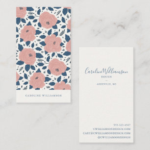 Moderne Boho Rosa Navy Blau Botanische Blumen Visitenkarte