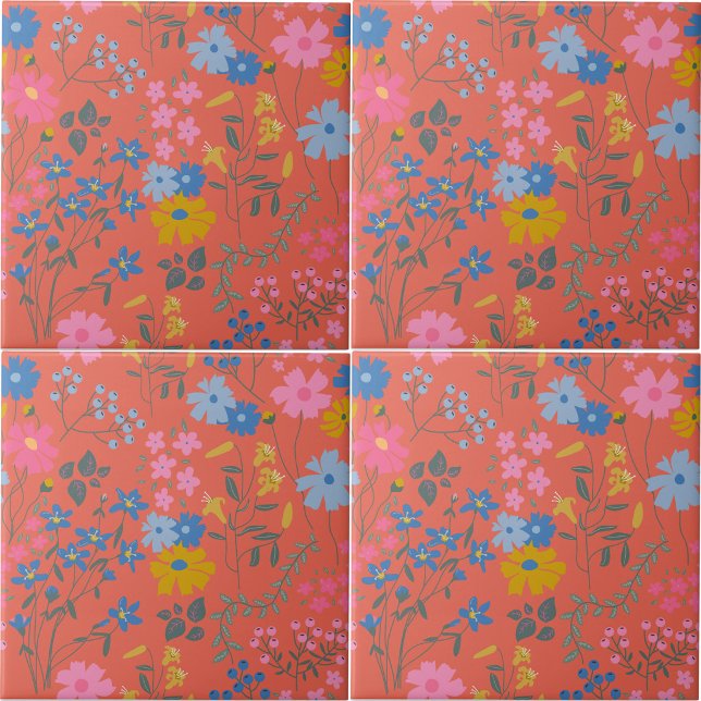Moderne Boho-Rot-Blumenmuster Fliese (Modern Boho Red Floral Pattern Ceramic Tile)