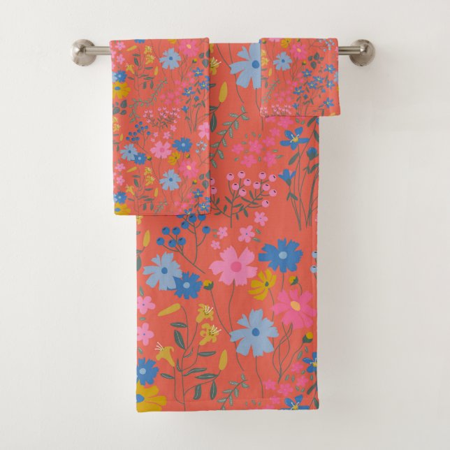 Moderne Boho rote Blumen Wildblumen Badhandtuch Set (Insitu)