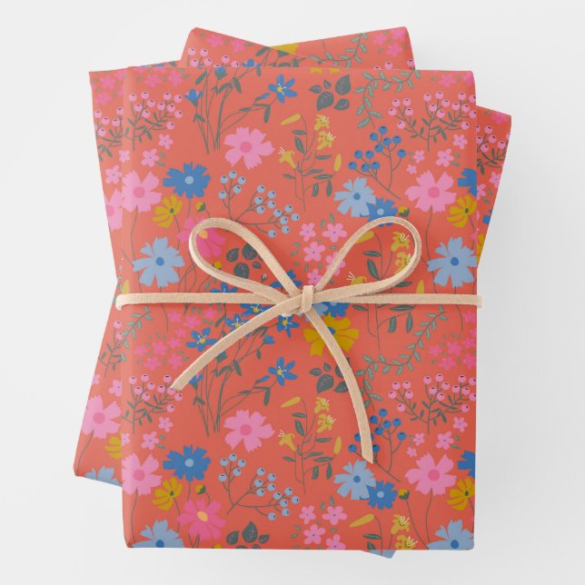 Moderne Boho Rote Blumen Wildblumen Geschenkpapier Set (Beispiel)