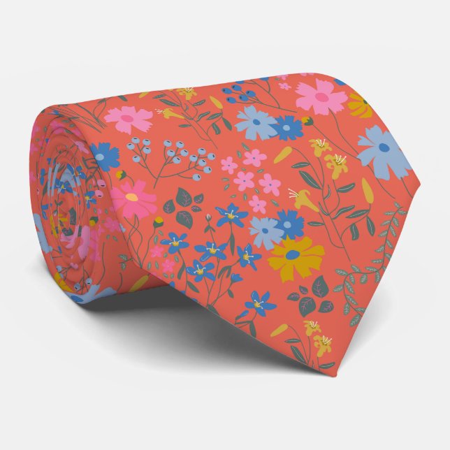 Moderne Boho Rote Blumen Wildblumen Krawatte (Gerollt)