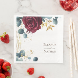 Moderne Boho Rote Rose Watercolor Sommerhochzeit Serviette