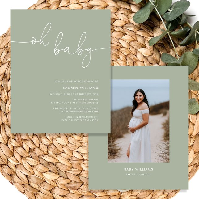 Moderne Boho Sage Green Foto Kinderdusche einladen (Boho Oh Baby Sage Green Photo Baby Shower Invitation)