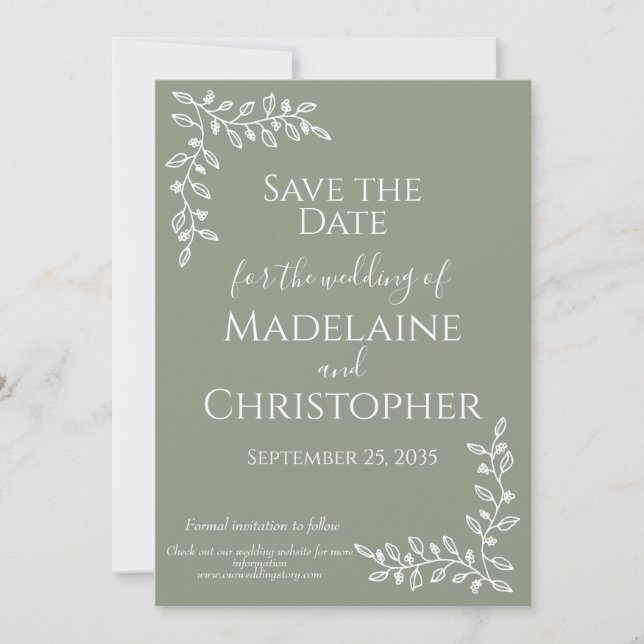 Moderne Boho Sage Grünes botanisches Foto Hochzeit Save The Date (Vorderseite)