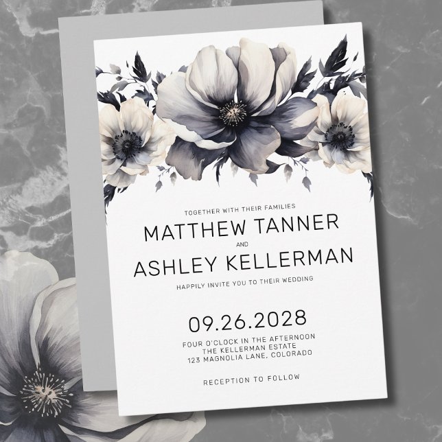 Moderne Boho Schwarz-weiße Blumenhochzeit Einladung (Unique Boho Black White Watercolor Floral Wedding Invitation)