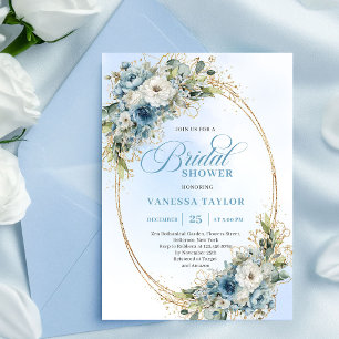 Moderne Boho-Staubblaue Blumen Goldene Hochzeitsdu Einladung