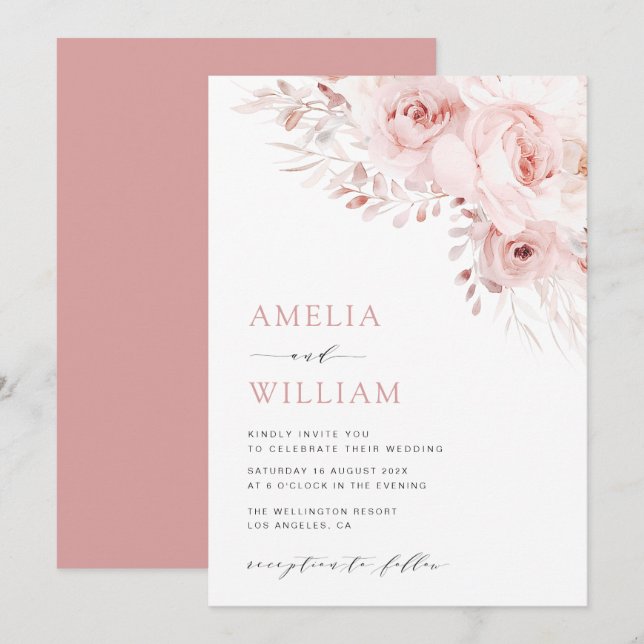 moderne boho staubige Rose Hochzeit Einladung (Vorne/Hinten)