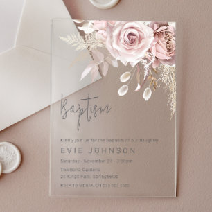 Moderne Boho-Staubrose und Blush-Blumen-Taufe Acryleinladungen