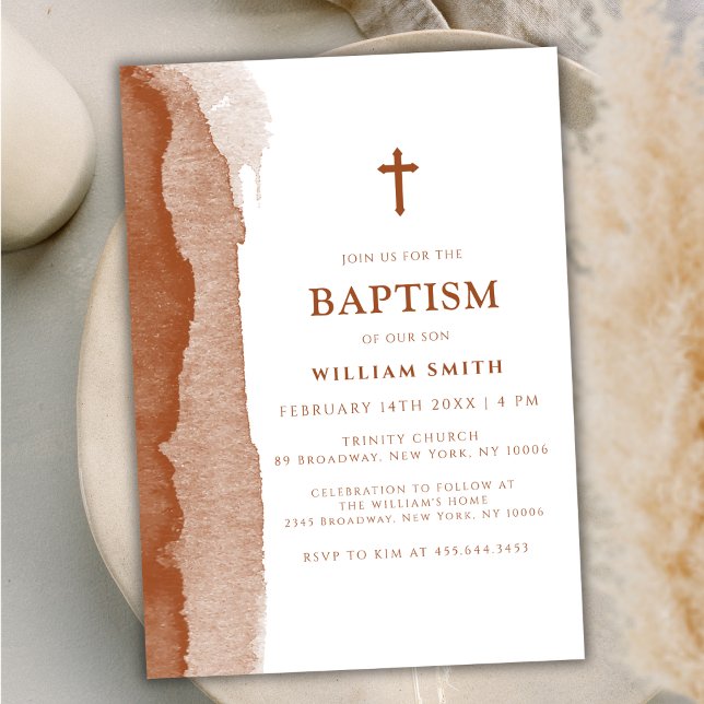 Moderne Boho Terracotta Abstrakt Boy Taufe Einladung (Modern Boho Terracotta Abstract Boy Baptism Invitation)