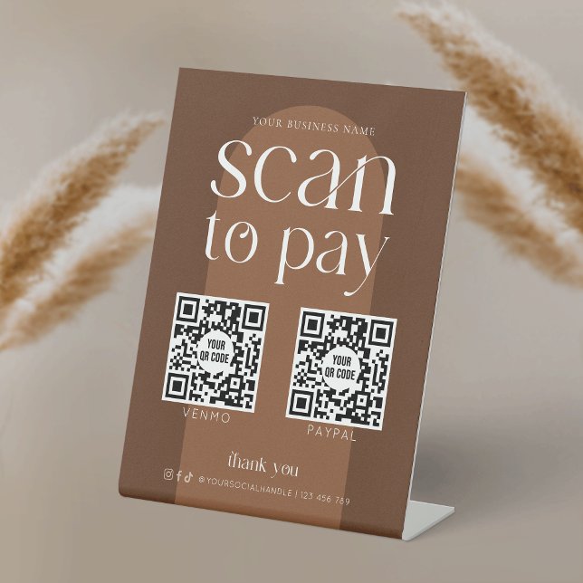 Moderne Boho Terracotta-Scan für 2 QR-Codes Sockelschild (Trendy boho scannable payment sign with space for 2 QR codes, featuring editable terracotta theme)