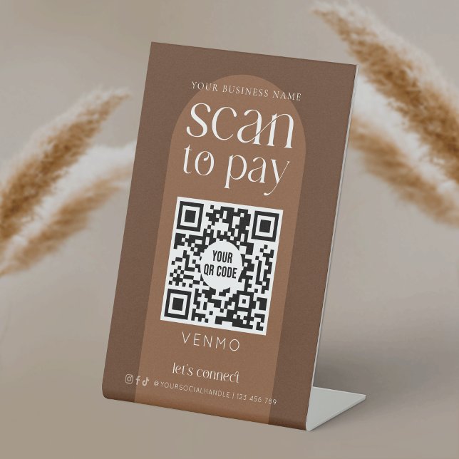 Moderne Boho Terracotta Scan zur Bezahlung des QR  Sockelschild (Bohemian Scan To Pay QR code pedestal sign for your business. Featuring modern terracotta design)