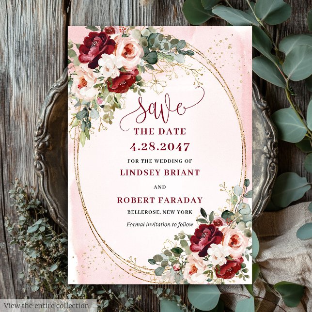 Moderne Boho Tiefroter Blush Gold Floral Save Date Einladung (Modern Boho Deep Red Blush Gold Floral Save Date)