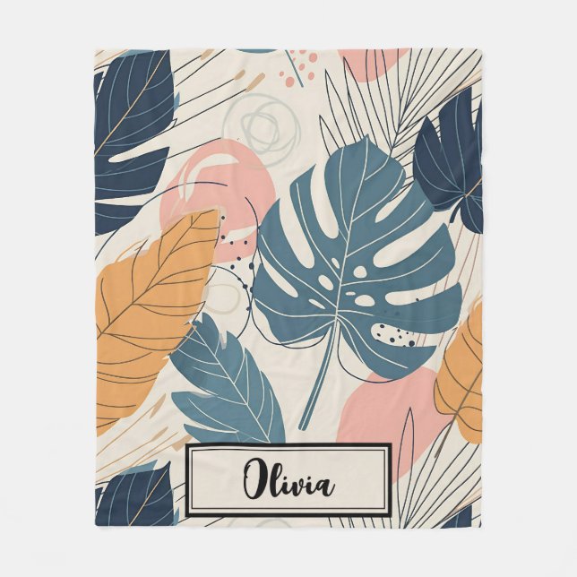 Moderne Boho Tropische Blätter Abstrakt Fleecedecke (Vorderseite)