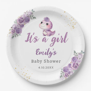 Moderne Boho-Wasserfarbe-Dinosaurier lila floral M Pappteller