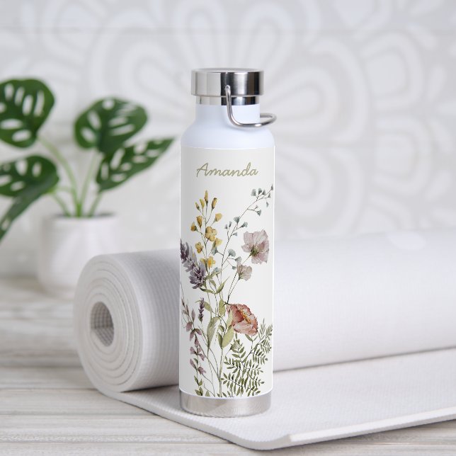 Moderne Boho Wasserfarben-Wildblumen mit Namen Trinkflasche (Yoga)