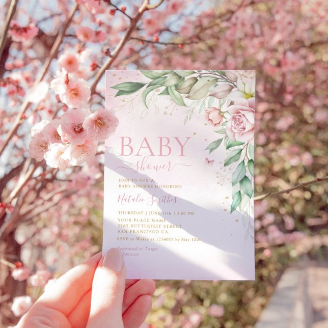 Moderne Boho Wasserfarbenfloral Girl Babydusche Einladung (Von Creator hochgeladen)