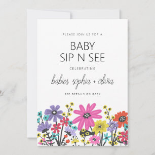 Moderne Boho-Wildblumen-Zwillinge-Baby-Sip-And-See Einladung