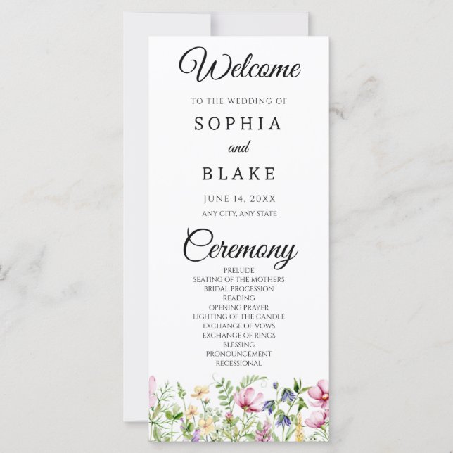 Moderne Boho-Wildblumengarten-Hochzeitsprogramm (Vorderseite)